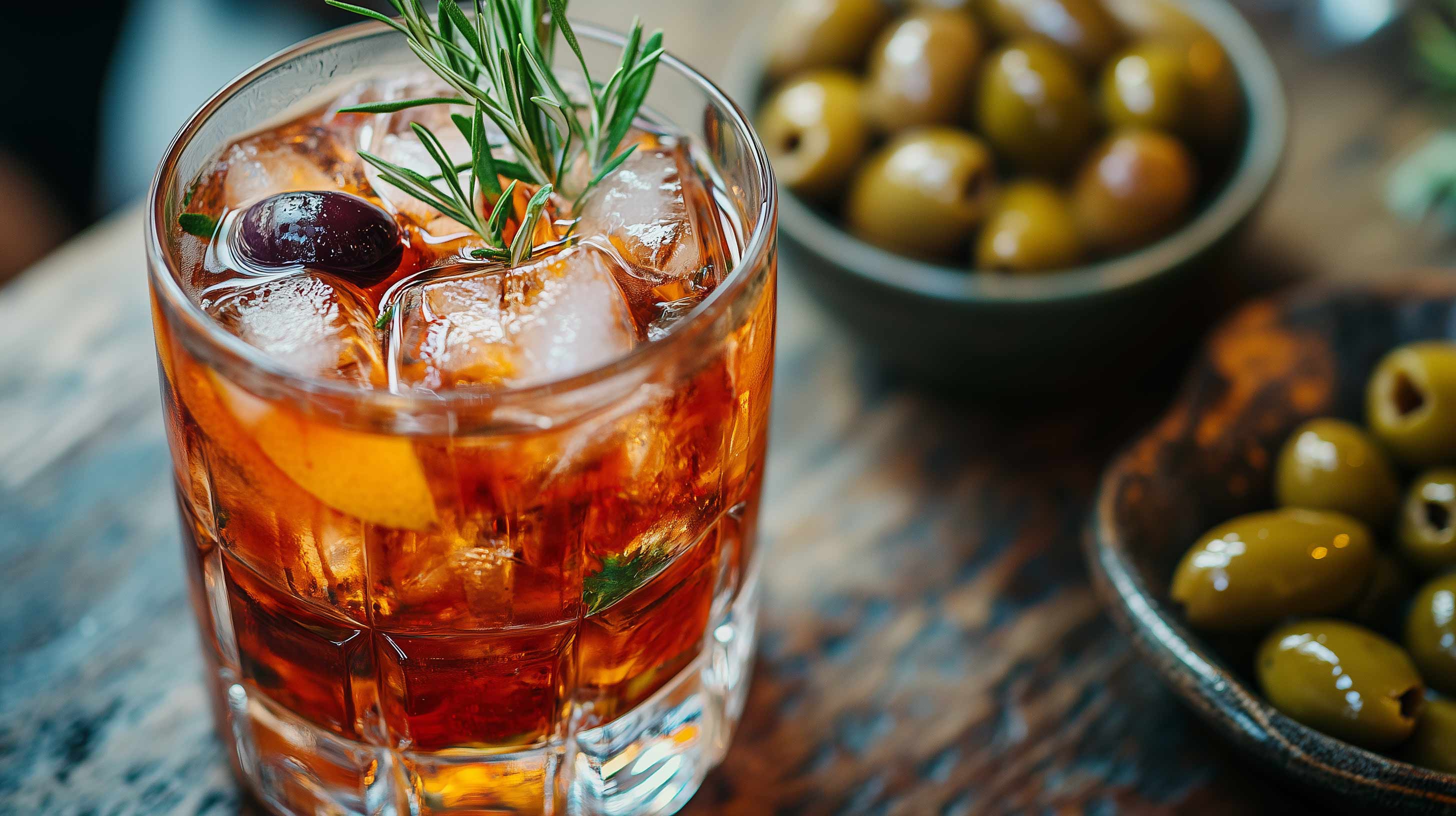 Ein Cocktail mit einer Schüssel Oliven im Hintergrund.